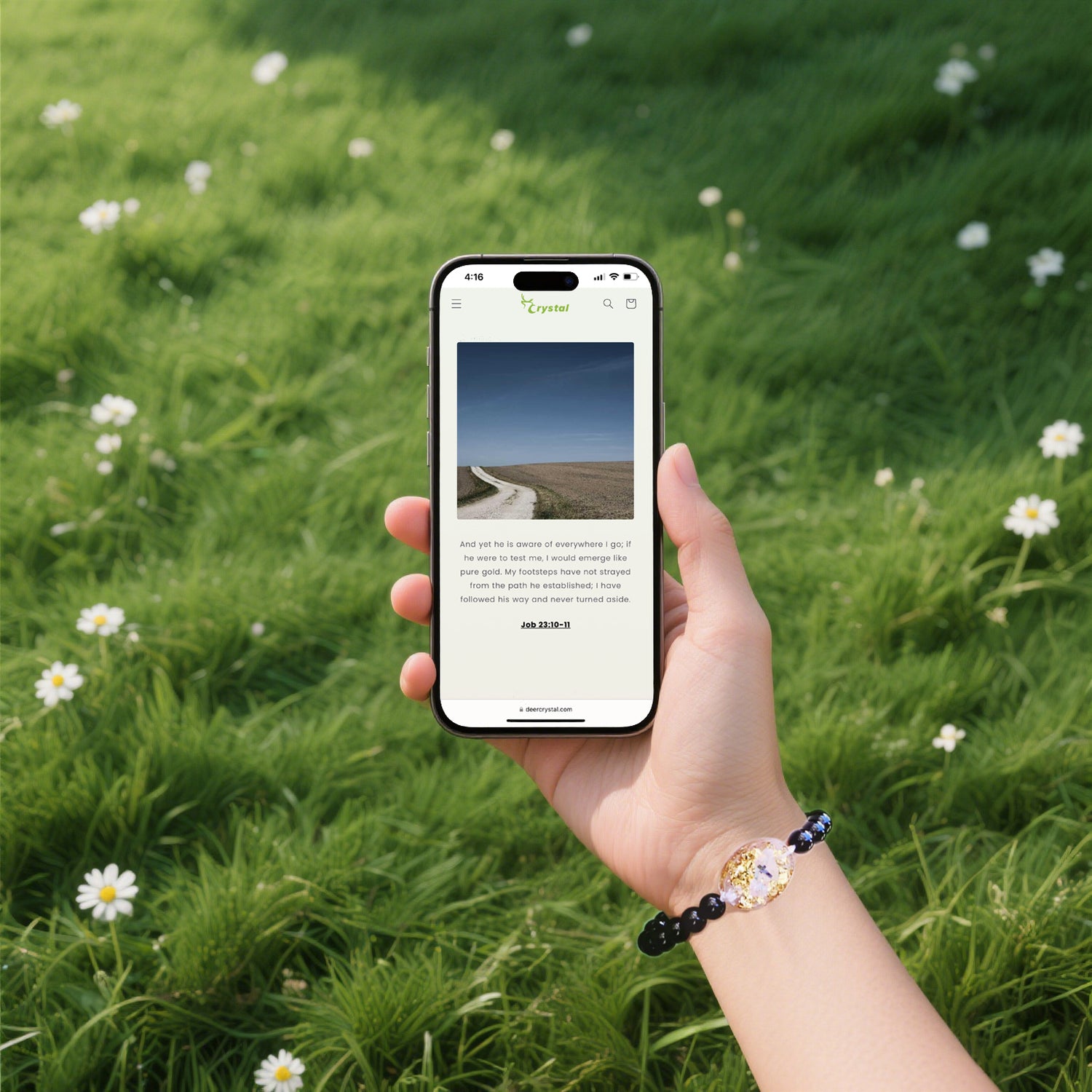 Meditating on Bible verses through her mobile device, her crystal bracelet serves as a tactile reminder of faith's grounding power.