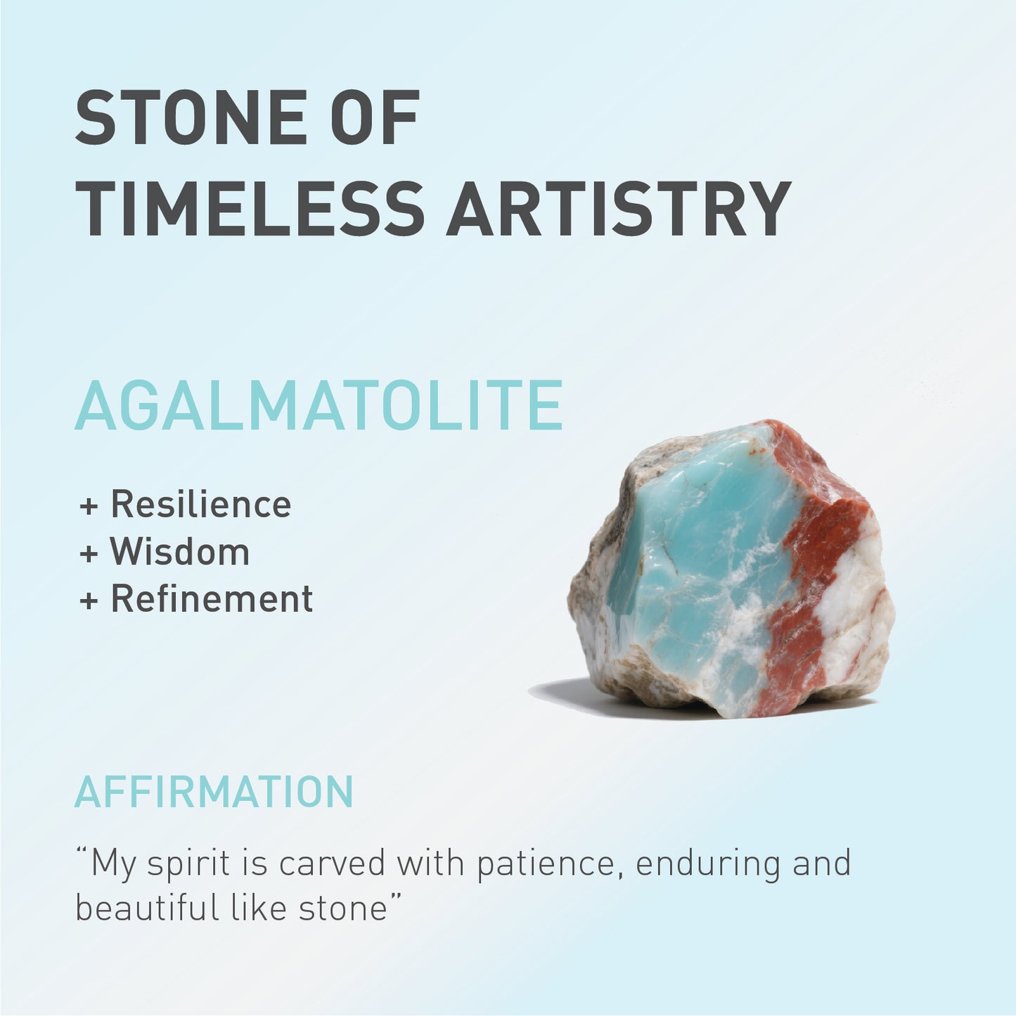 a card showing the spiritual meaning of agalmatolite stone.