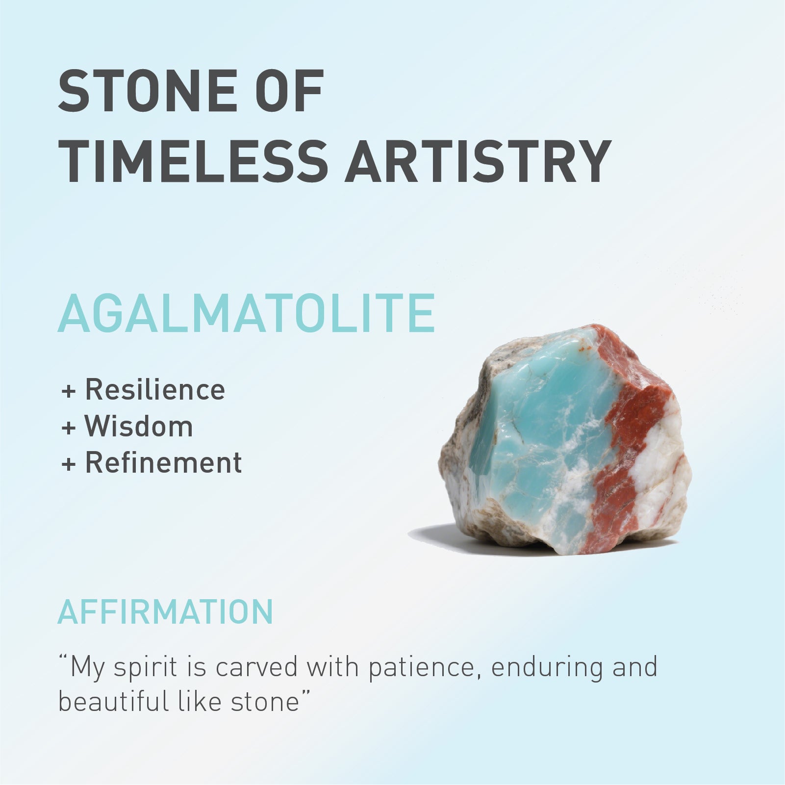 a card showing the spiritual meaning of agalmatolite stone.