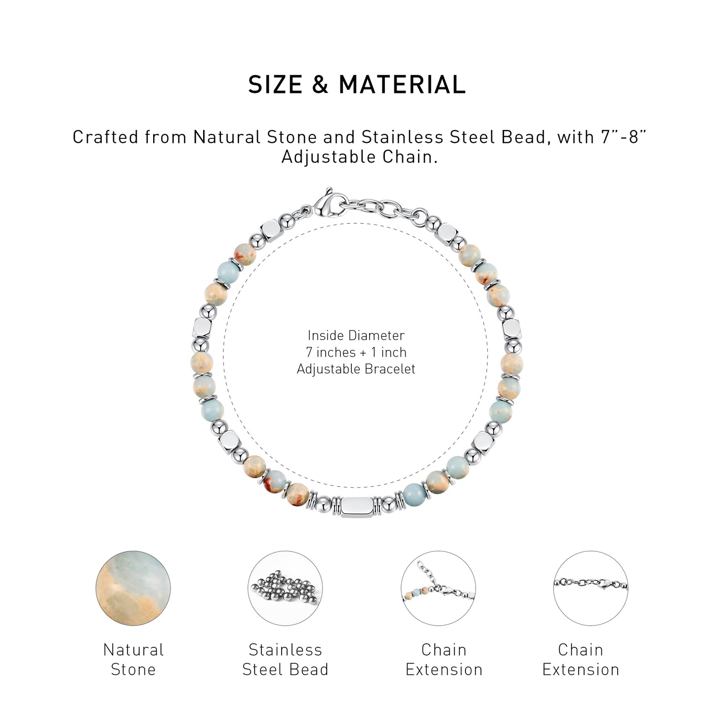 An diagram showing the mateiral and size of an adjustable agalmatolite bracelet.