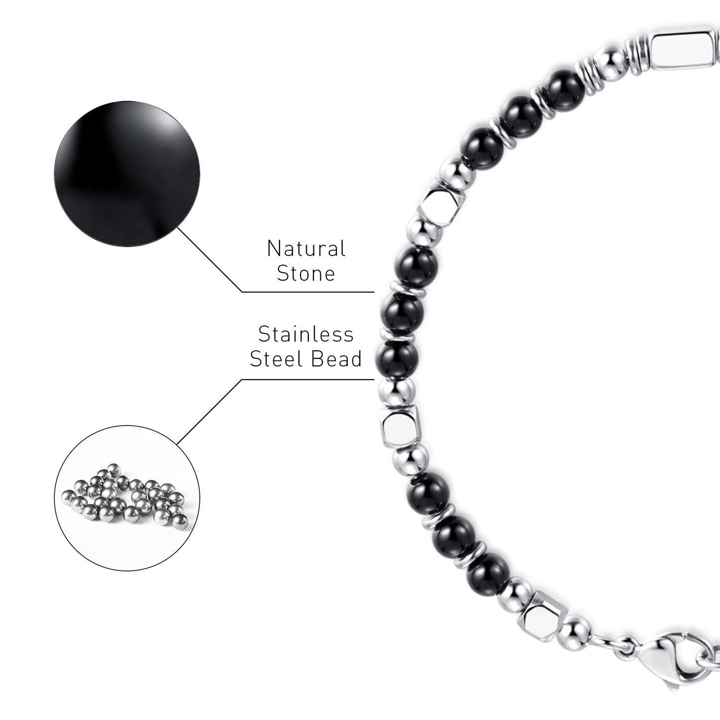 Boho Style Adjustable black obsidian Bracelet made of natural stone and stainless steel bead.