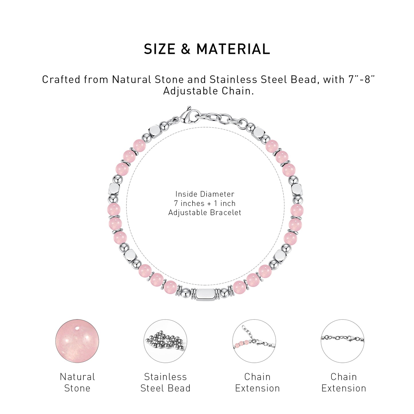 An diagram showing the mateiral and size of an adjustable Rose Quartz bracelet.