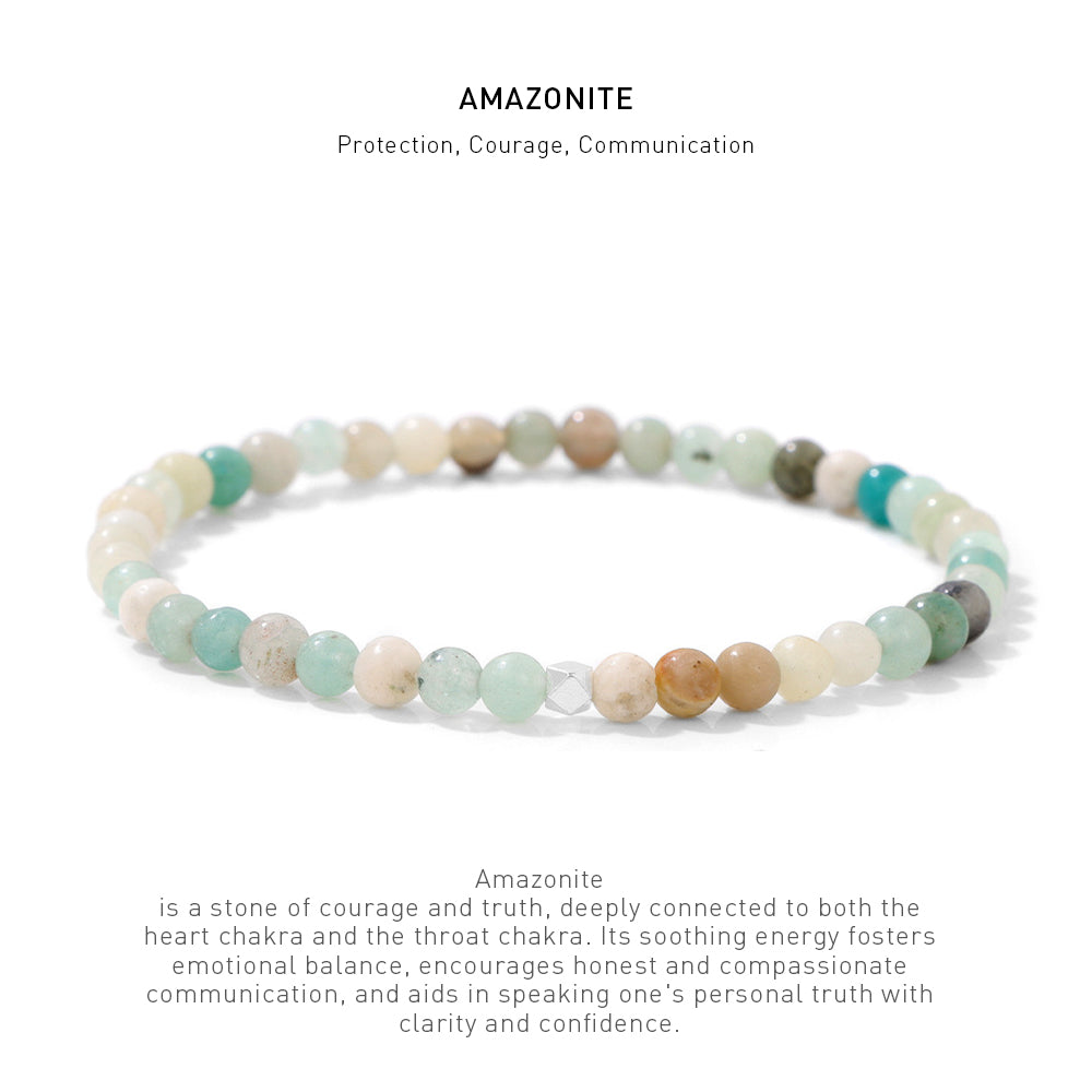 A 7.5inch 4mm Amazonite elastic bracelet with stone energy meaning description.