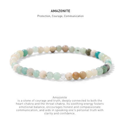 A 7.5inch 4mm Amazonite elastic bracelet with stone energy meaning description.