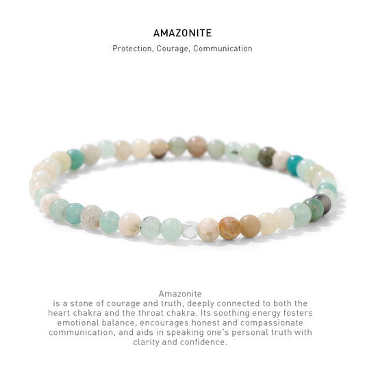 A 7.5inch 4mm Amazonite elastic bracelet with stone energy meaning description.