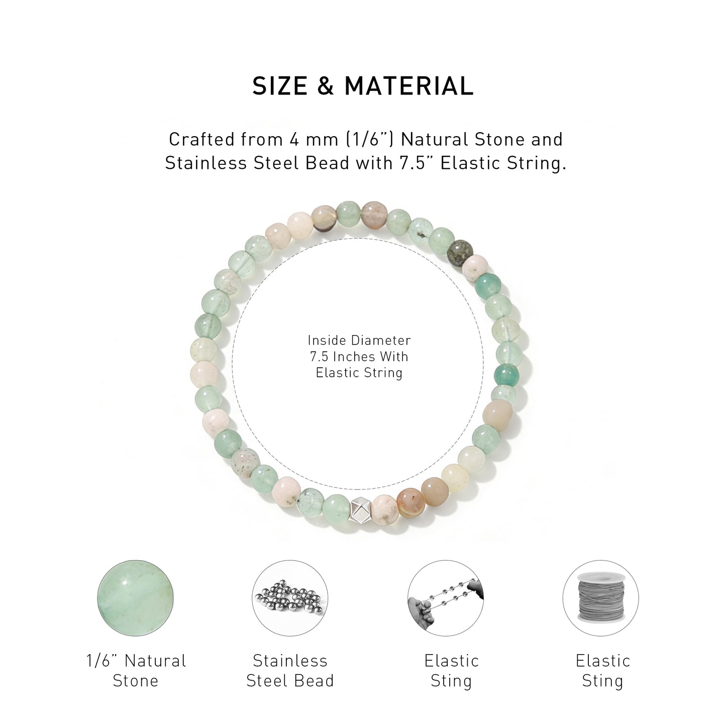 A diagram showing the material and size of Amazonite Elastic Beaded Energy bracelet.