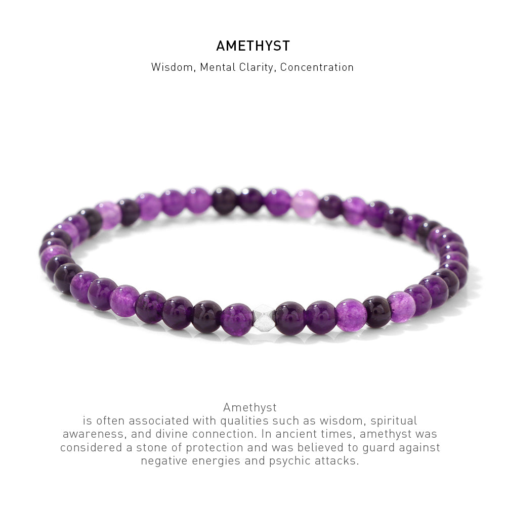 A 7.5inch 4mm Amethyst elastic bracelet with stone energy meaning description.