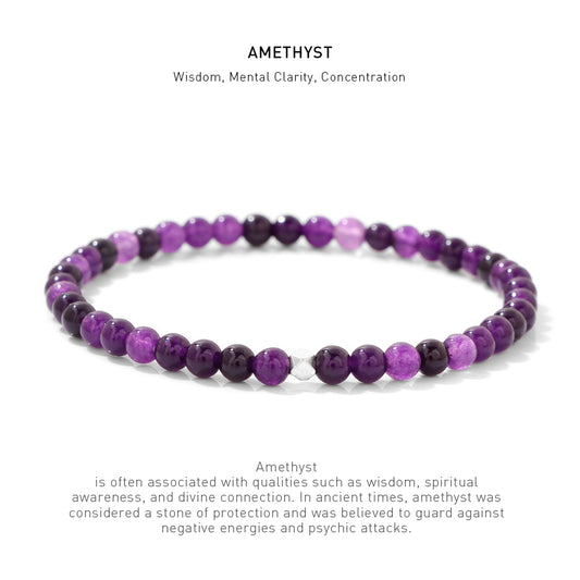 A 7.5inch 4mm Amethyst elastic bracelet with stone energy meaning description.