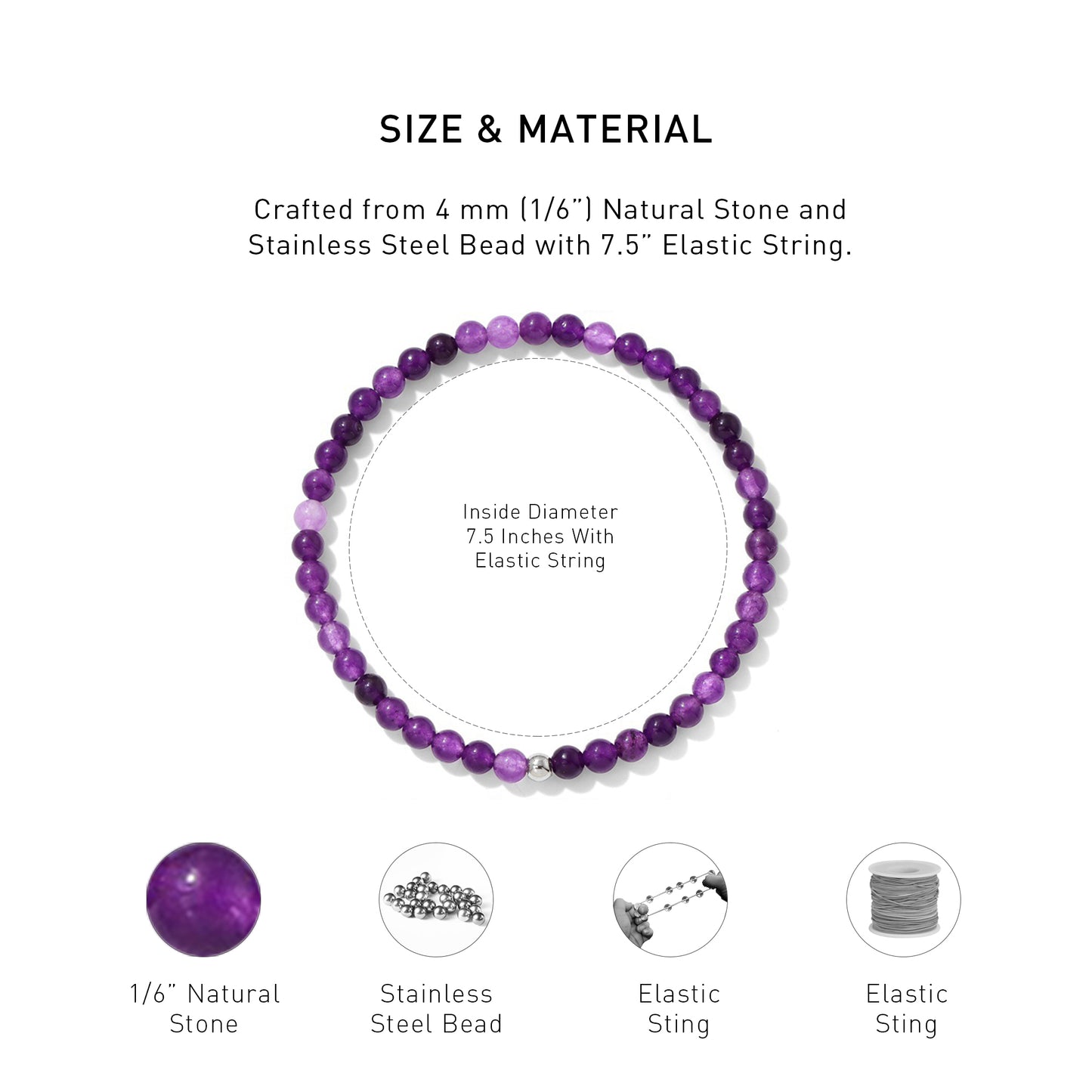 A diagram showing the material and size of Amethyst Elastic Beaded Energy bracelet.