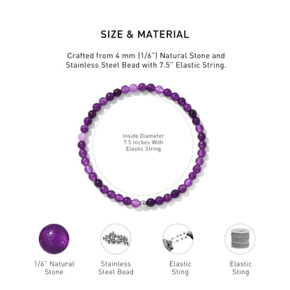 A diagram showing the material and size of Amethyst Elastic Beaded Energy bracelet.