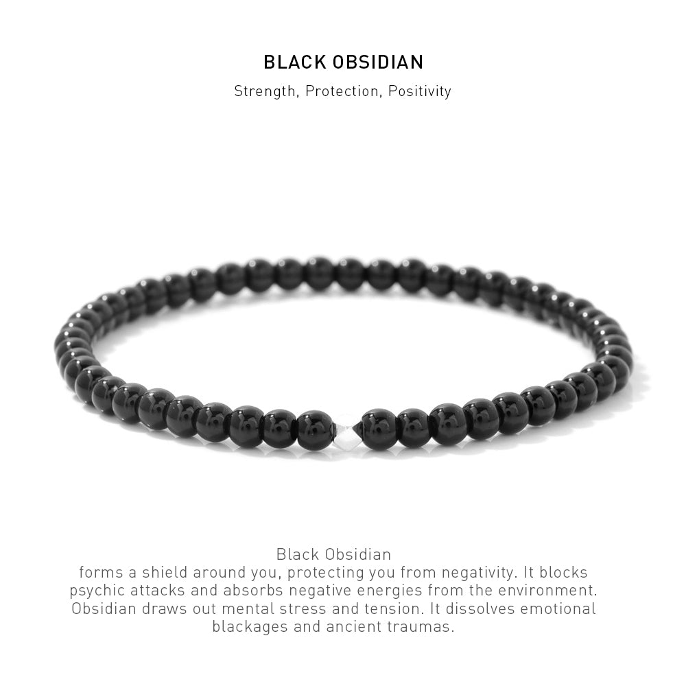 A 7.5inch 4mm Black Obsidian elastic bracelet with stone energy meaning description.
