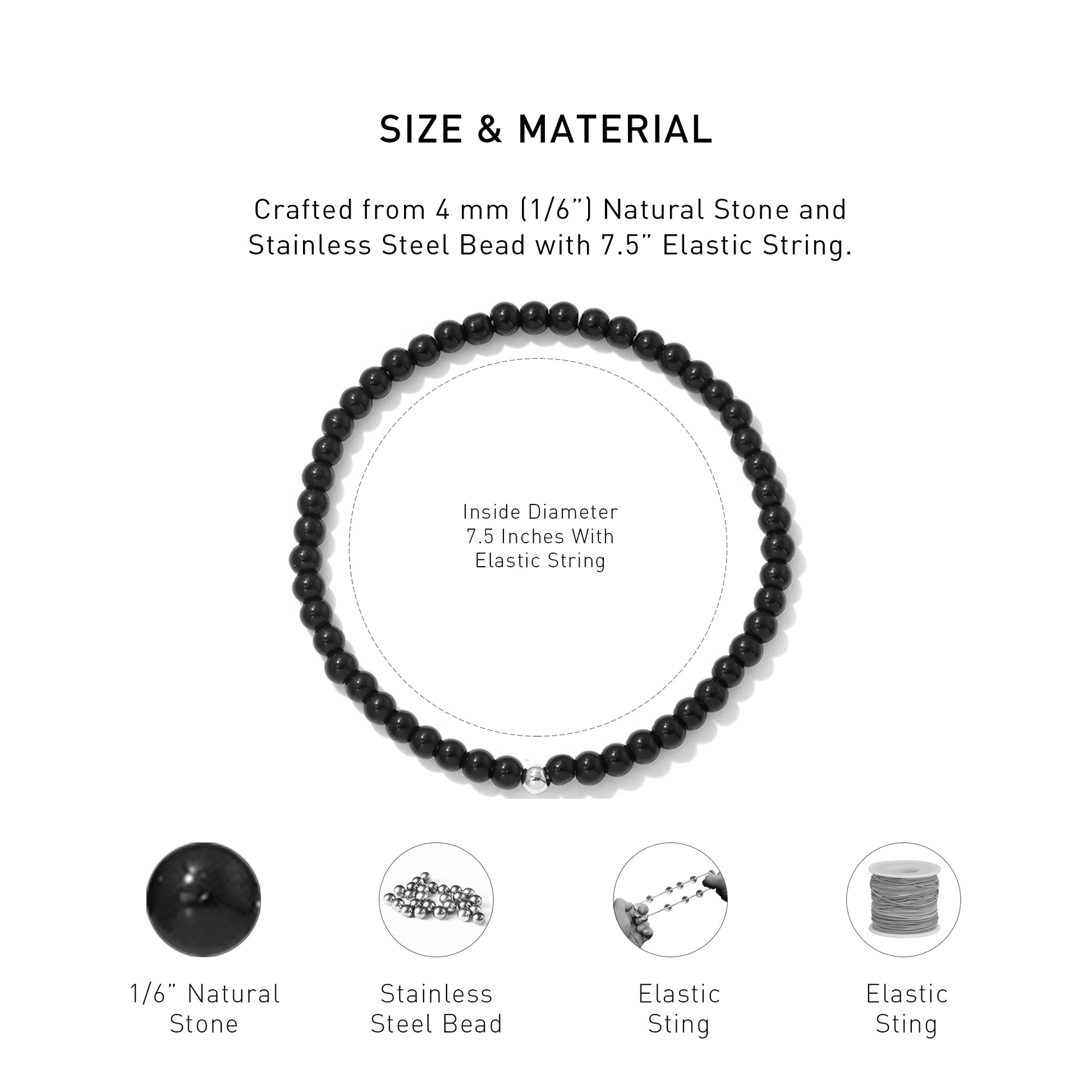 A diagram showing the material and size of a Black Obsidian Elastic Beaded Energy bracelet.