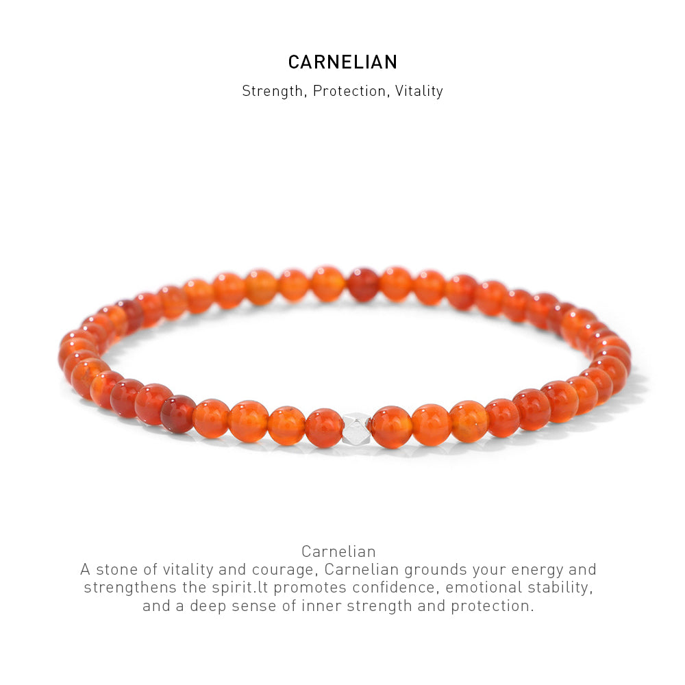 A 7.5inch 4mm Carnelian elastic bracelet with stone energy meaning description.