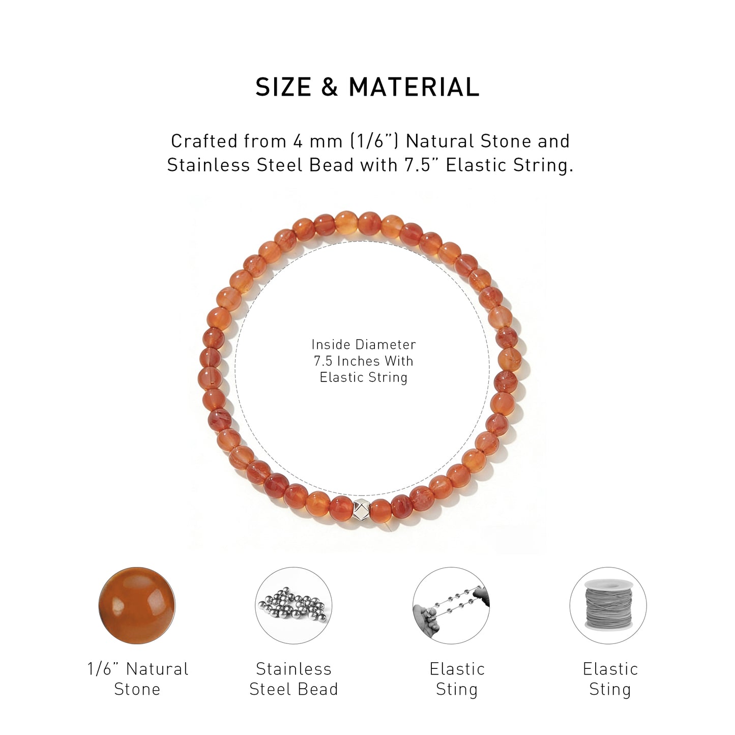 A diagram showing the material and size of Carnelian Elastic Beaded Energy bracelet.
