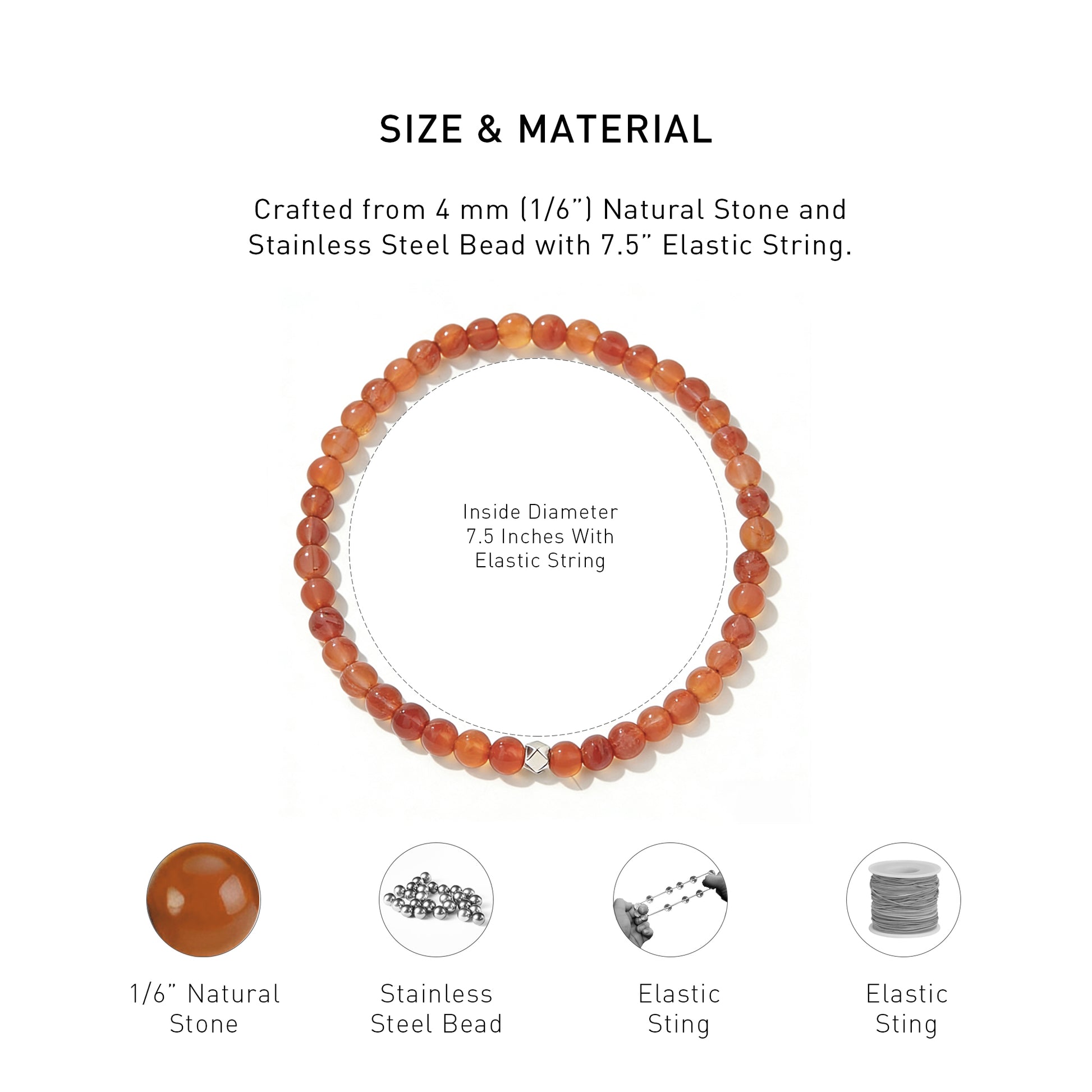 A diagram showing the material and size of Carnelian Elastic Beaded Energy bracelet.