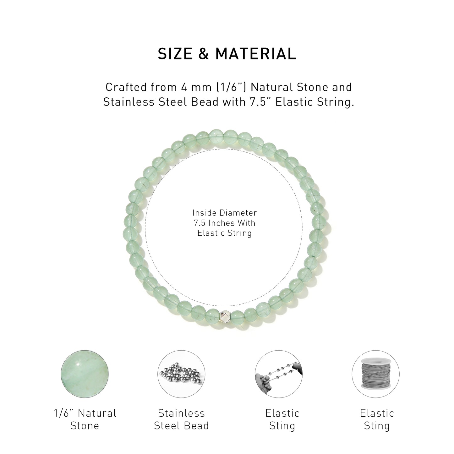 A diagram showing the material and size of Green Aventurine Elastic Beaded Energy bracelet.