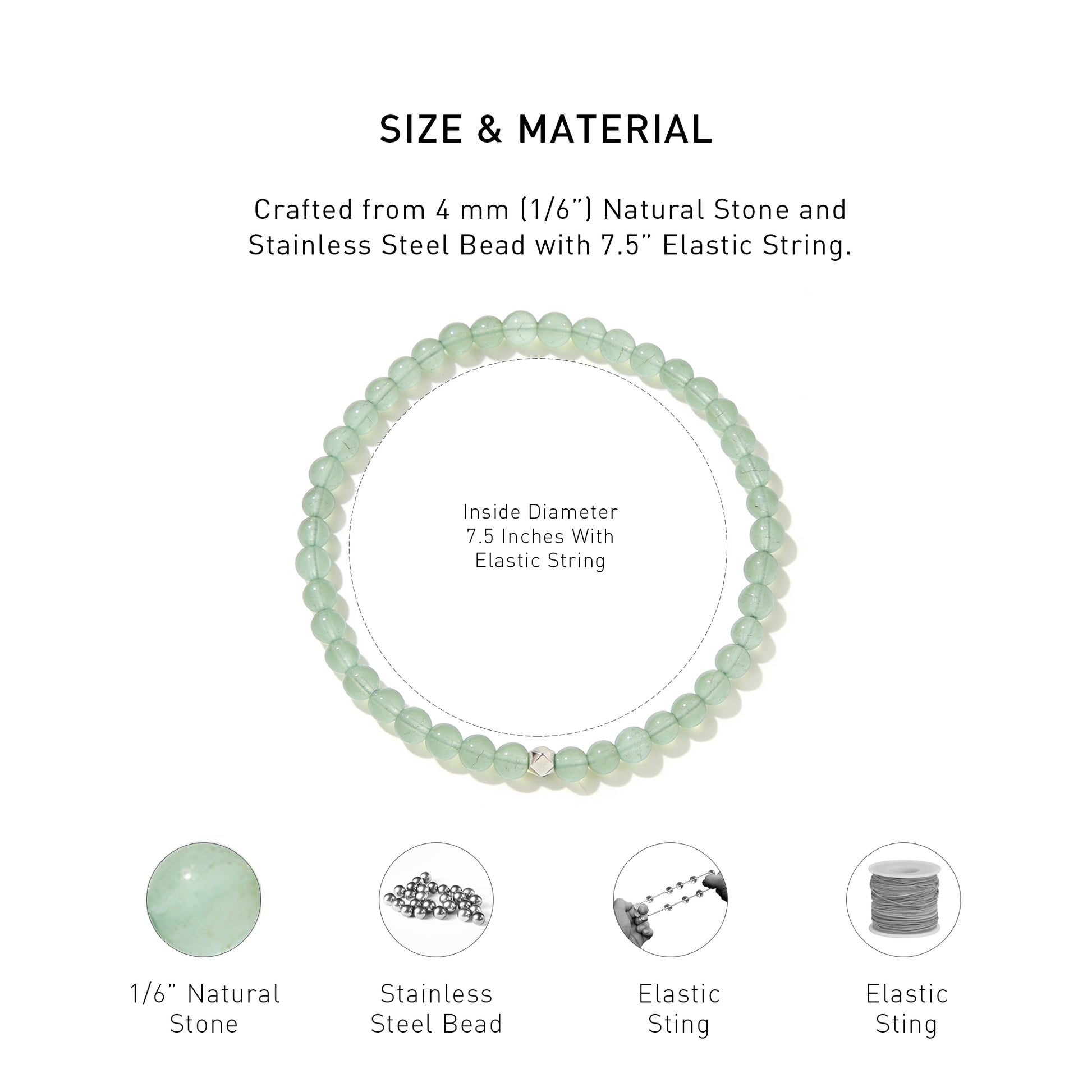 A diagram showing the material and size of Green Aventurine Elastic Beaded Energy bracelet.