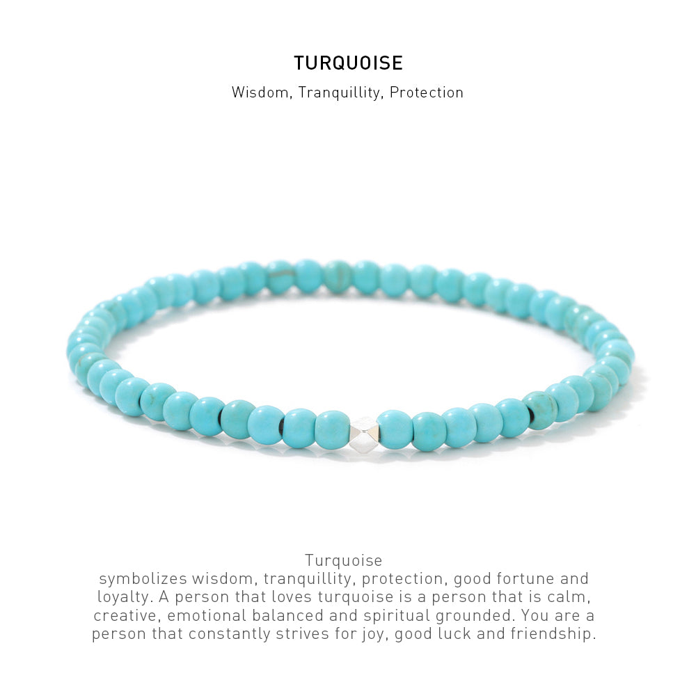 A 7.5inch 4mm Turquoise elastic bracelet with stone energy meaning description.