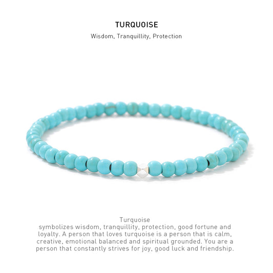 A 7.5inch 4mm Turquoise elastic bracelet with stone energy meaning description.