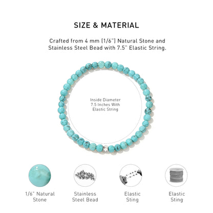 A diagram showing the material and size of Turquoise Elastic Beaded Energy bracelet.