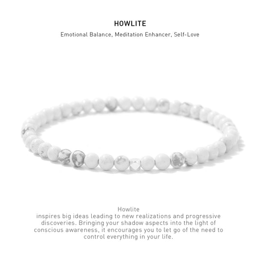 A 7.5inch 4mm Howlite elastic bracelet with stone energy meaning description.