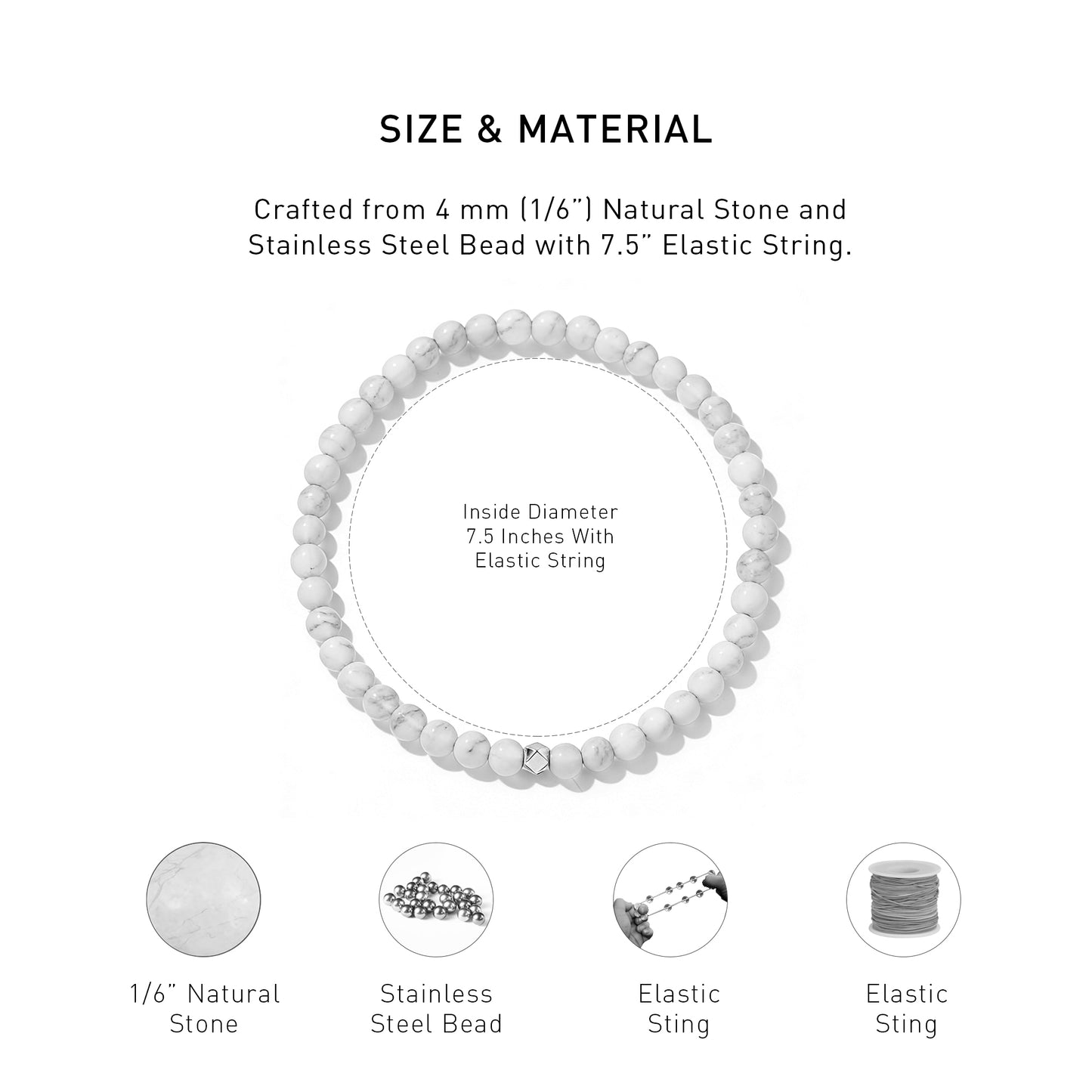 A diagram showing the material and size of Howlite Elastic Beaded Energy bracelet.