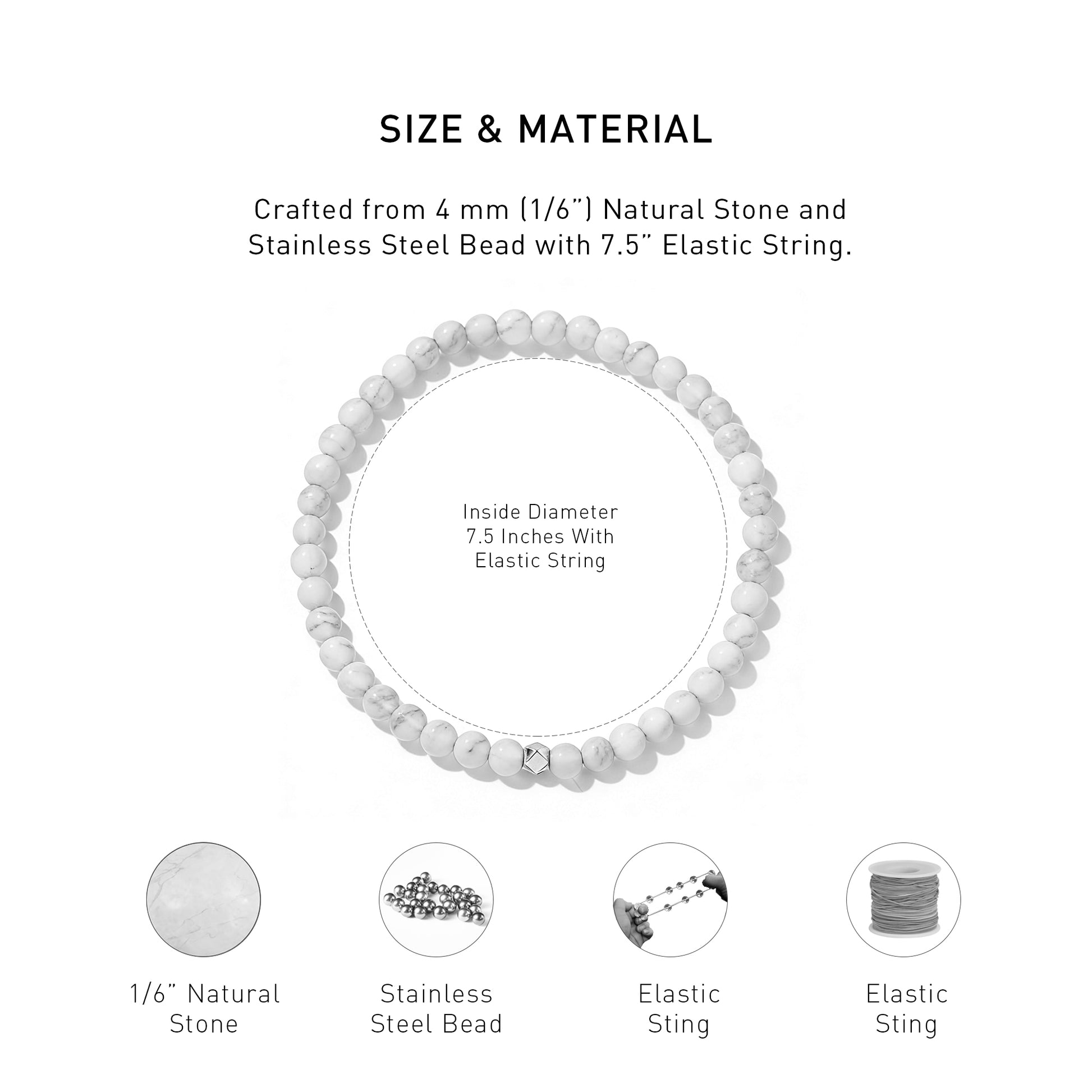 A diagram showing the material and size of Howlite Elastic Beaded Energy bracelet.