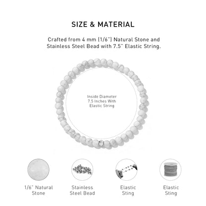 A diagram showing the material and size of Howlite Elastic Beaded Energy bracelet.