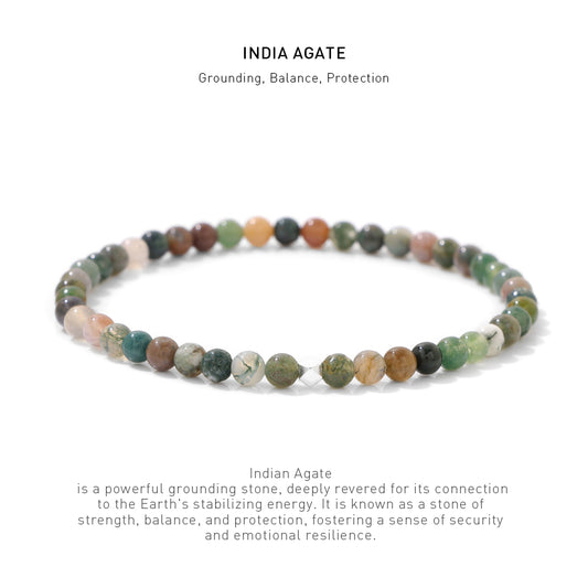 A 7.5inch 4mm India Agate elastic bracelet with stone energy meaning description.
