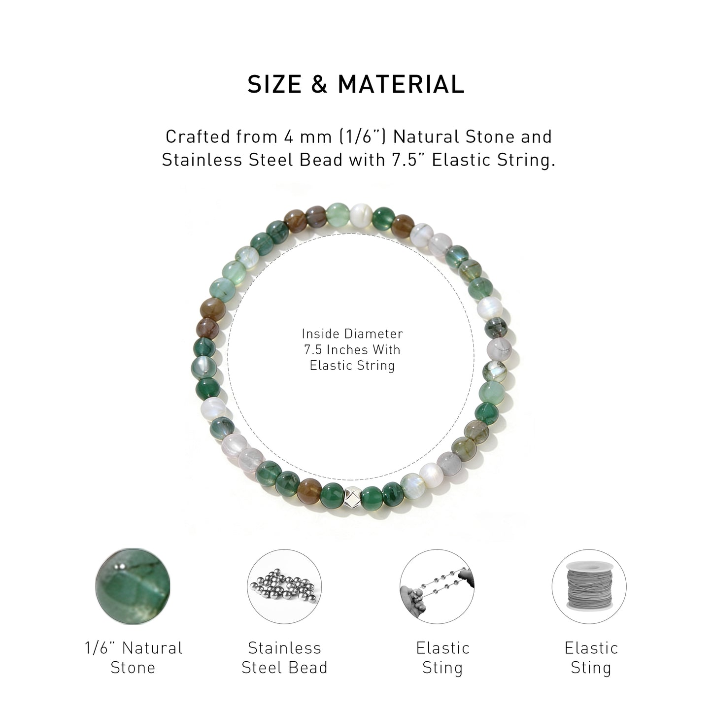 A diagram showing the material and size of India Agate Elastic Beaded Energy bracelet.