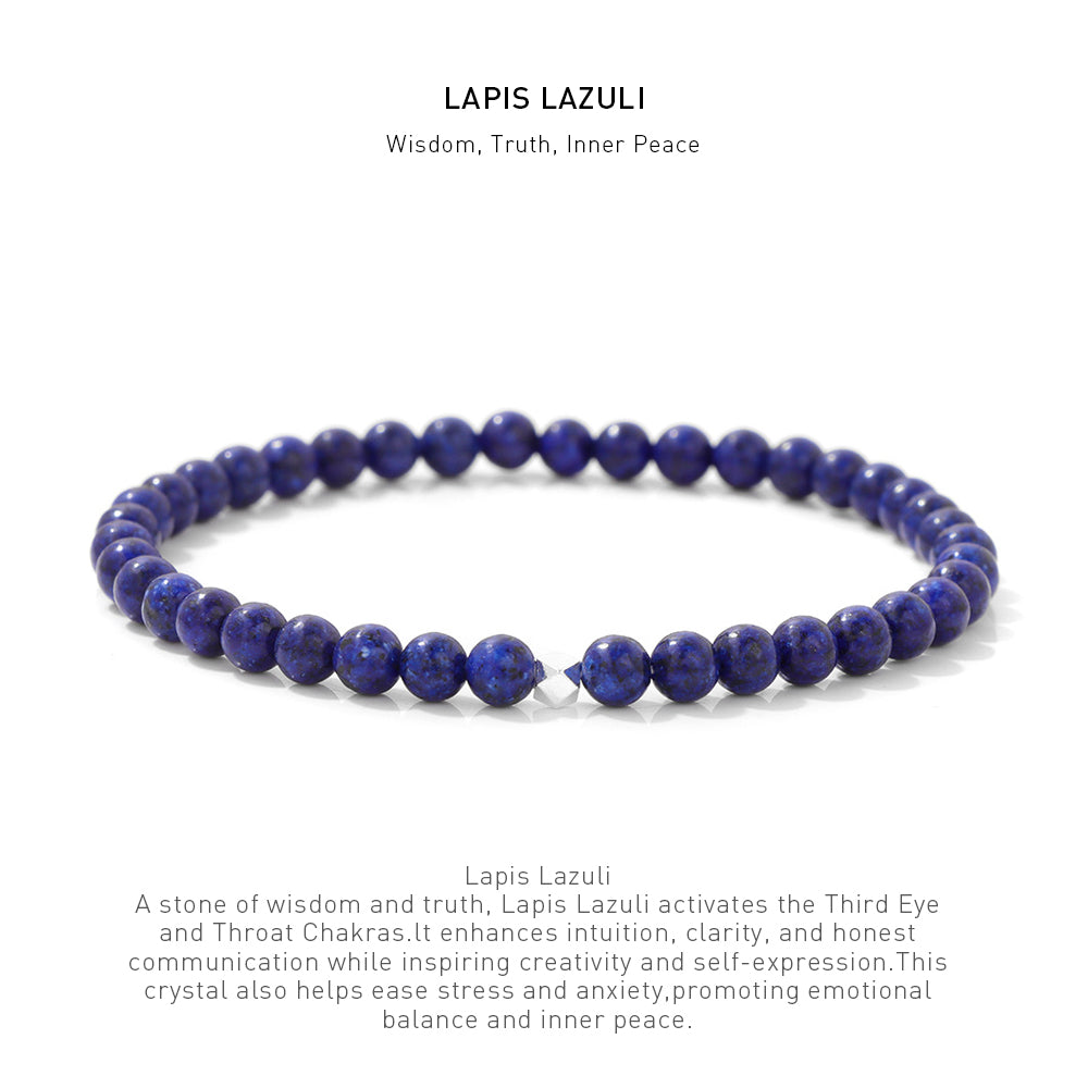A 7.5inch 4mm Lapis Lazuli elastic bracelet with stone energy meaning description.