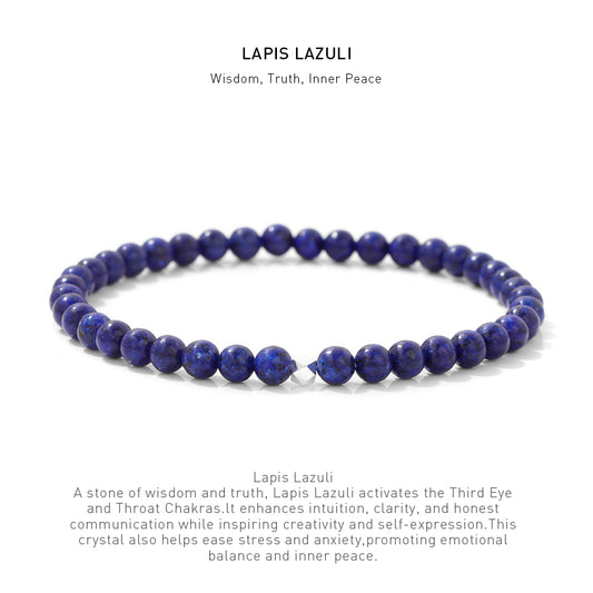 A 7.5inch 4mm Lapis Lazuli elastic bracelet with stone energy meaning description.