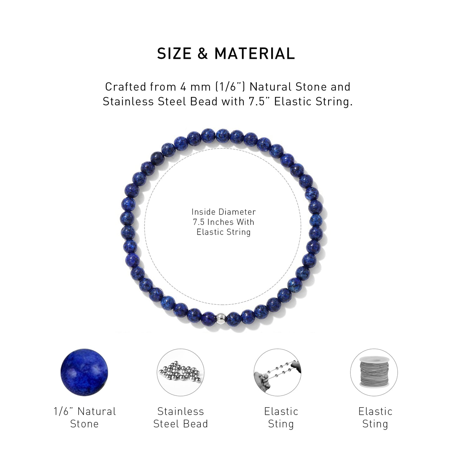 A diagram showing the material and size of Lapis Lazuli Elastic Beaded Energy bracelet.