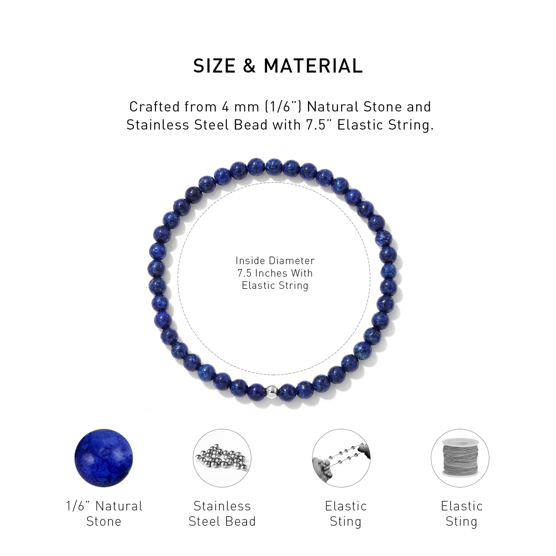 A diagram showing the material and size of Lapis Lazuli Elastic Beaded Energy bracelet.