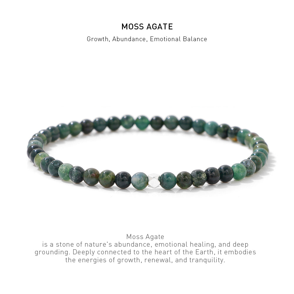 A 7.5inch 4mm Moss Agate elastic bracelet with stone energy meaning description.