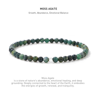 A 7.5inch 4mm Moss Agate elastic bracelet with stone energy meaning description.