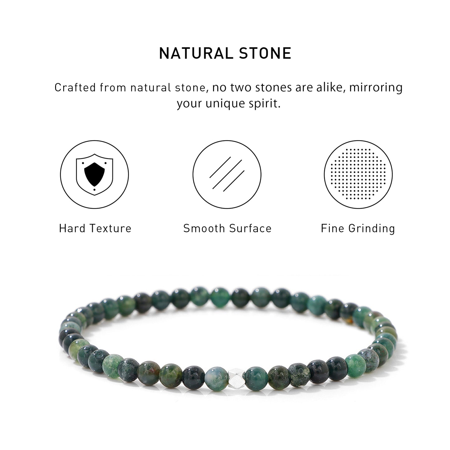 Moss Agate Elastic Beaded Energy Bracelets with hard texture, smooth surface, fine grinding and spiritual meaning.