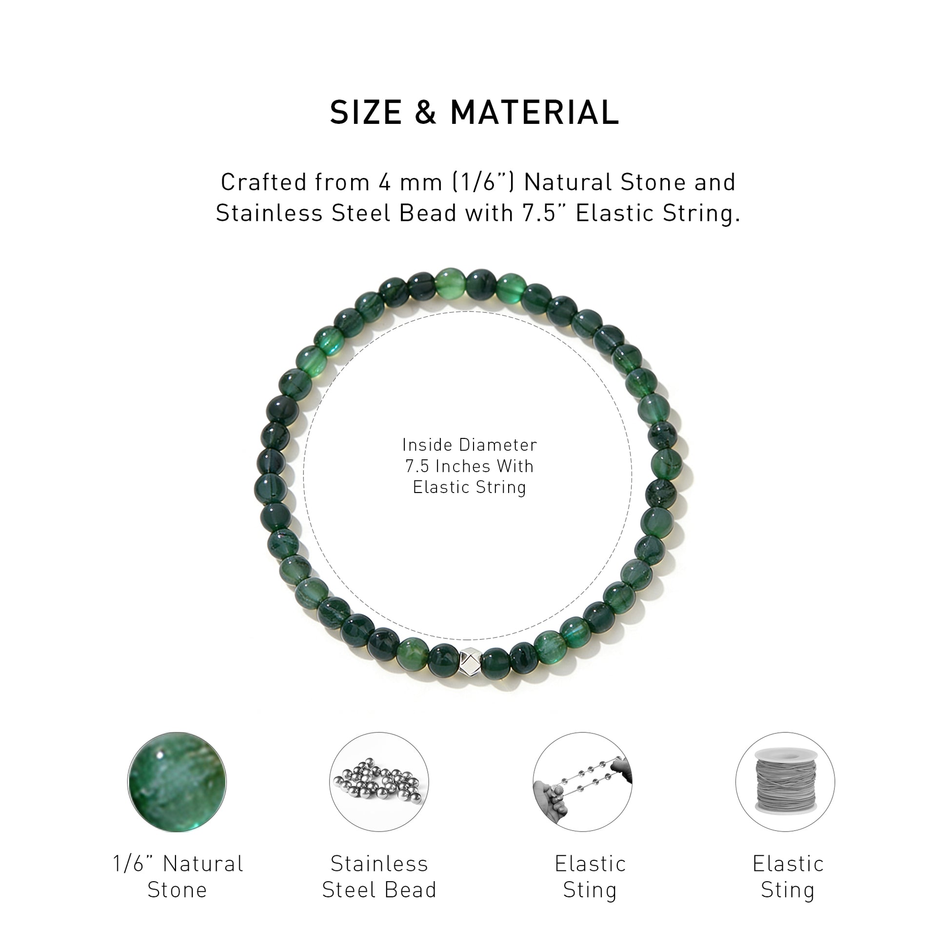 A diagram showing the material and size of Moss Agate Elastic Beaded Energy bracelet.