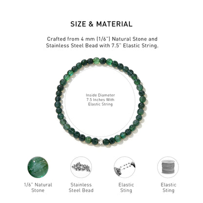 A diagram showing the material and size of Moss Agate Elastic Beaded Energy bracelet.