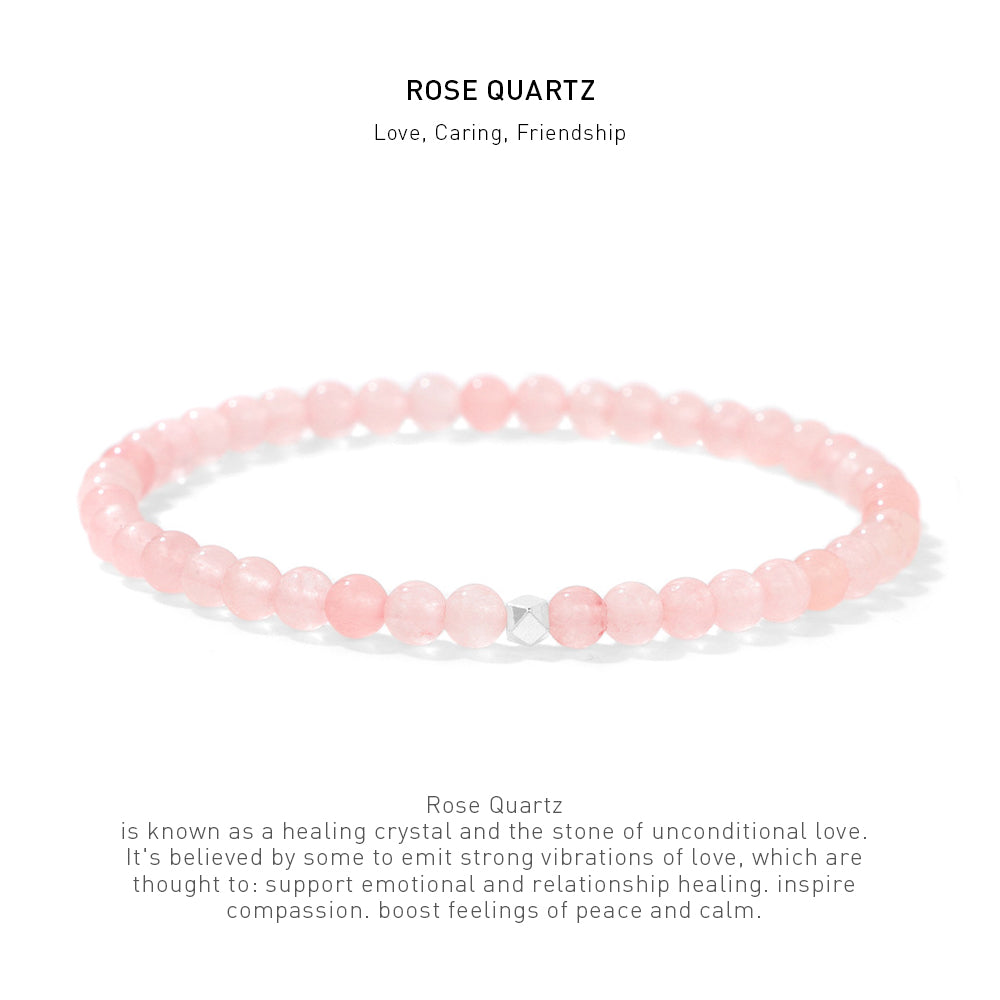 A 7.5inch 4mm Rose Quartz elastic bracelet with stone energy meaning description.