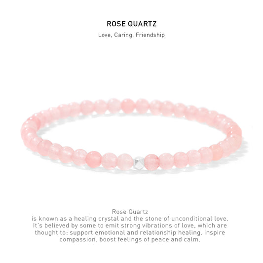 A 7.5inch 4mm Rose Quartz elastic bracelet with stone energy meaning description.