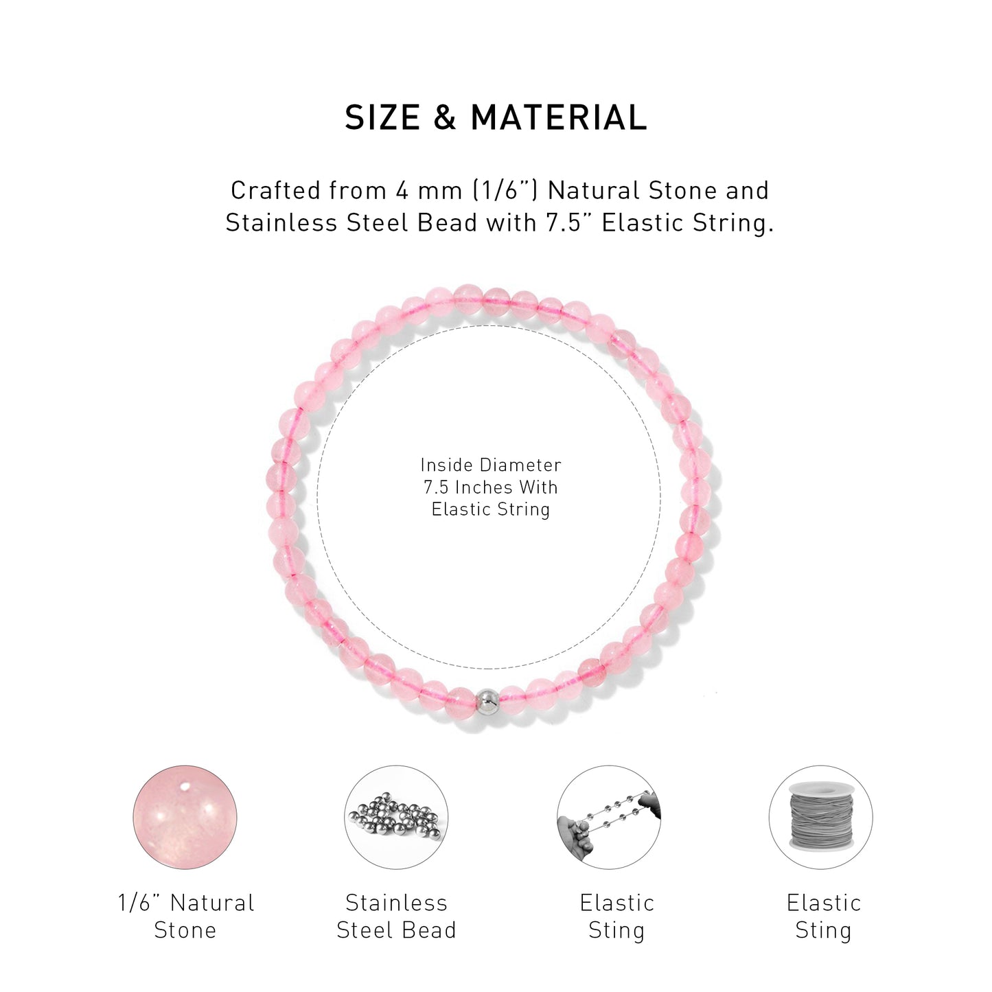 A diagram showing the material and size of Rose Quartz Elastic Beaded Energy bracelet.