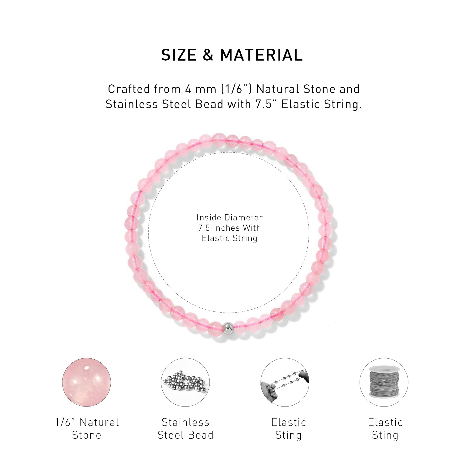 A diagram showing the material and size of Rose Quartz Elastic Beaded Energy bracelet.