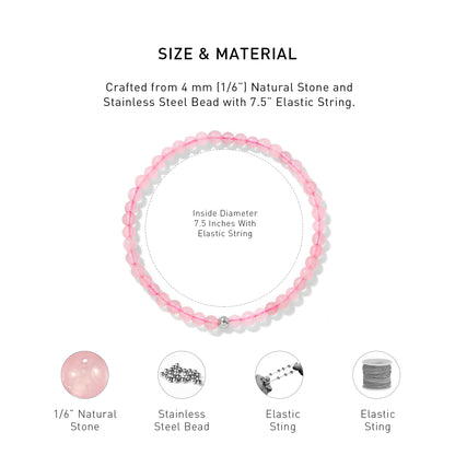 A diagram showing the material and size of Rose Quartz Elastic Beaded Energy bracelet.