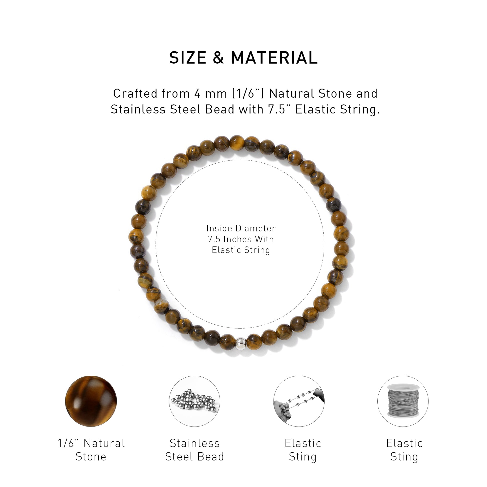 A diagram showing the material and size of Tiger's Eye Elastic Beaded Energy bracelet.