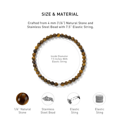A diagram showing the material and size of Tiger's Eye Elastic Beaded Energy bracelet.