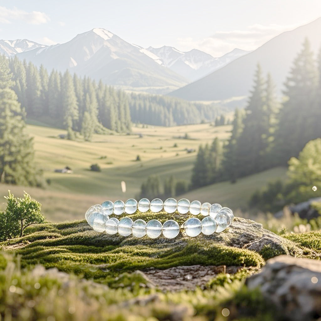 The crystal bracelet rests serenely in nature, absorbing the earth's rejuvenating energies.