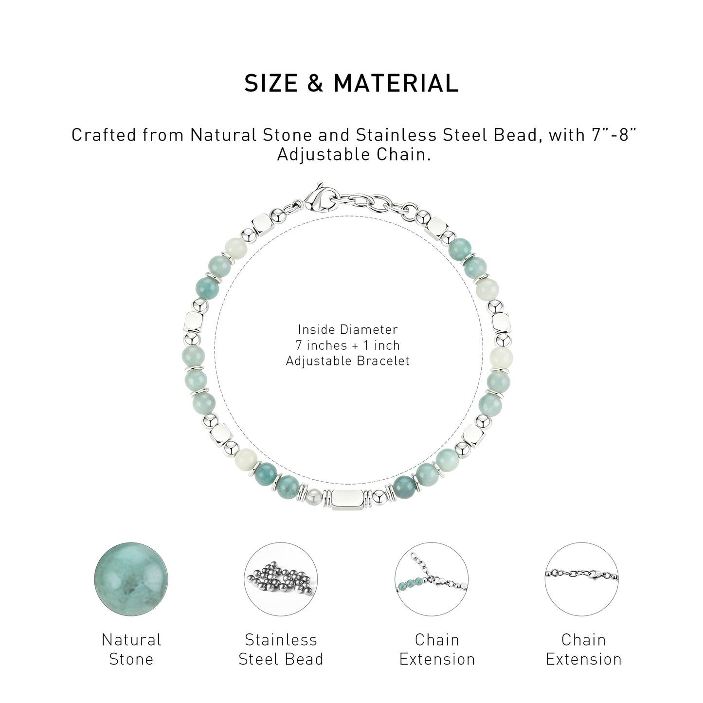 A diagram showing the material and size of an adjustable Amazonite bracelet.