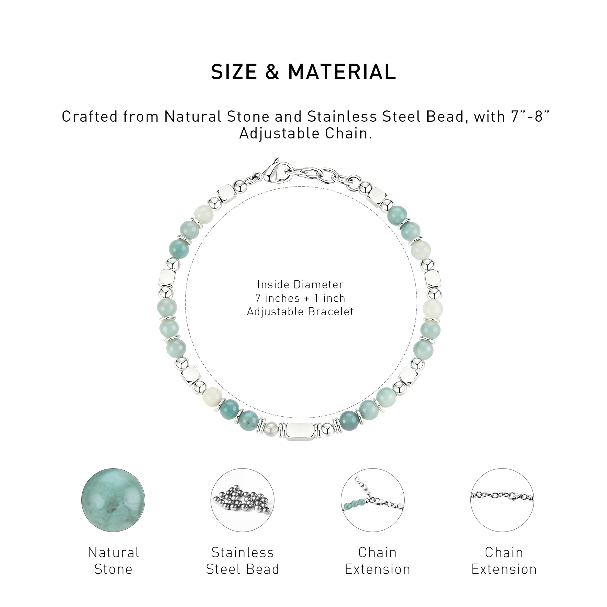 A diagram showing the material and size of an adjustable Amazonite bracelet.