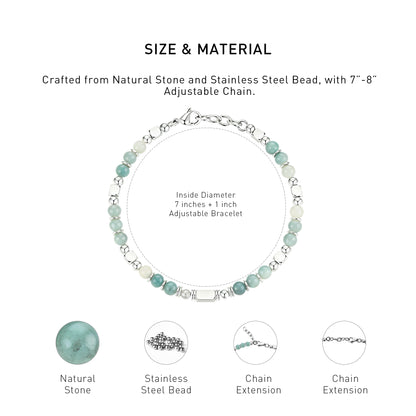 A diagram showing the material and size of an adjustable Amazonite bracelet.